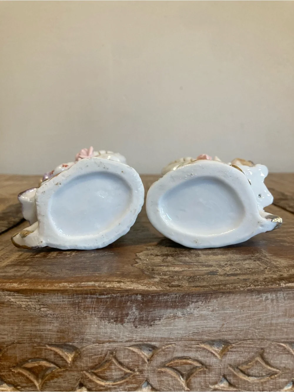 Pair of Boy & Girl Floral Mantel Vases in White & Gold Roses